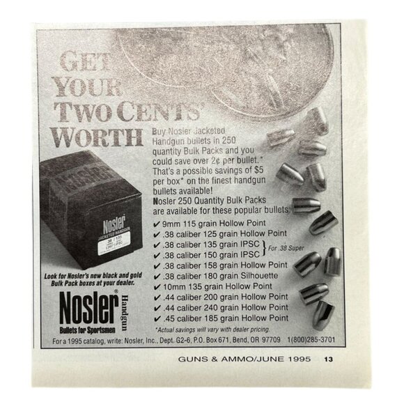 Nosler Jacketed Handgun Bullets for Sportsmen Vintage Print Ad Bend OR - Picture 6 of 6